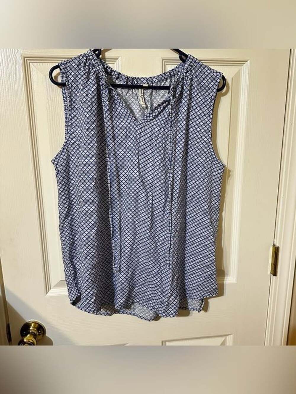 grand & greene Navy and White Sleeveless Printed V-Neck Blouse